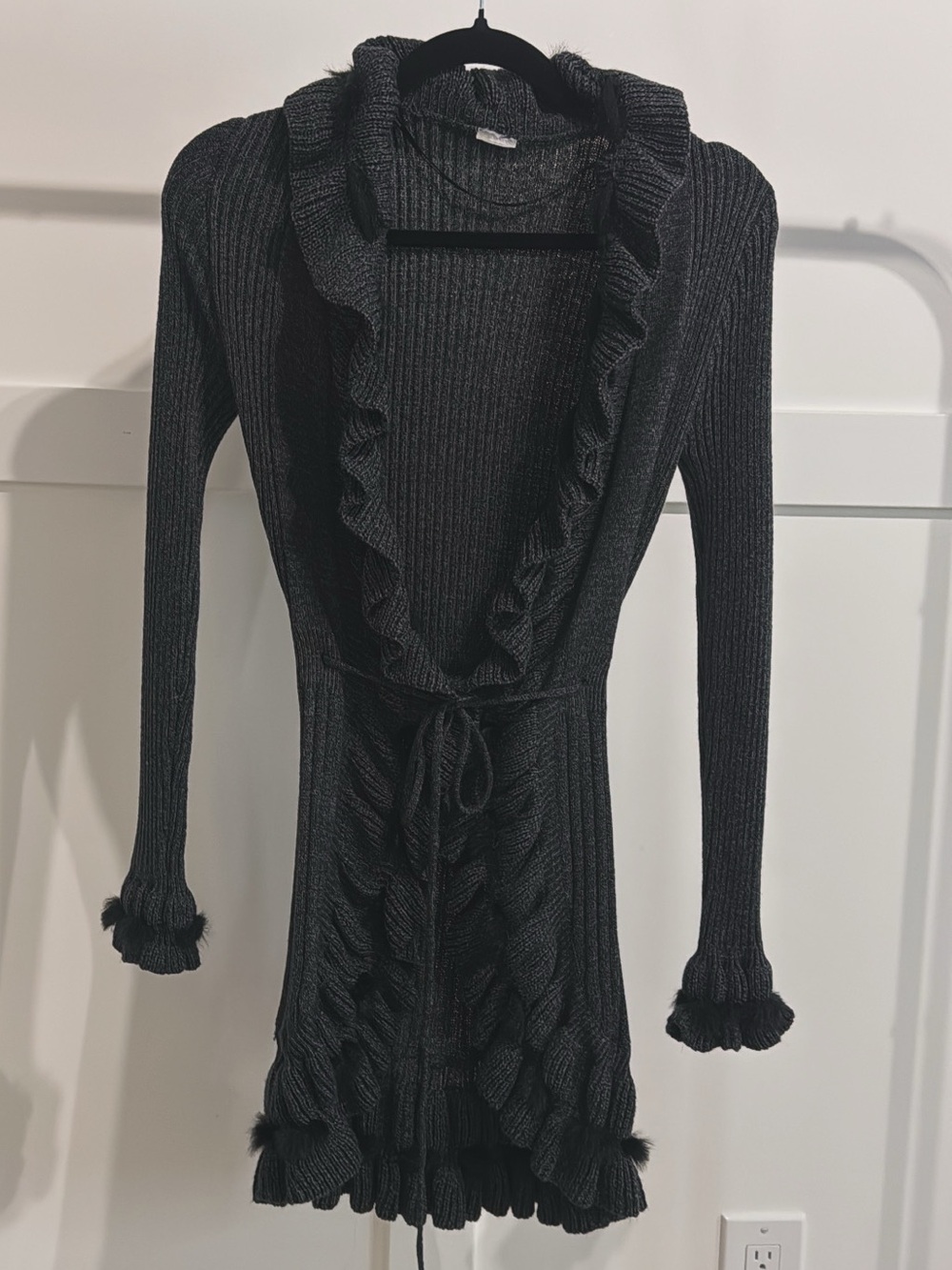 Grey Ruffled whimsigoth Open-Front Knit Cardigan - Picture 8 of 9